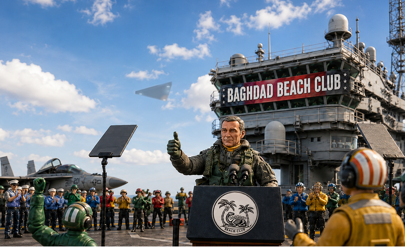 Person giving a thumbs-up on an aircraft carrier with 'Baghdad Beach Club' sign.